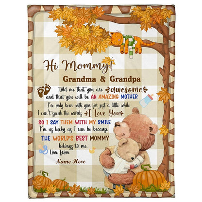 Personalized Blanket For New Mom From Baby Autumn Hugging Bear Pumpkin Footprint Blanket, Mother's Day Blanket, Birthday Gift