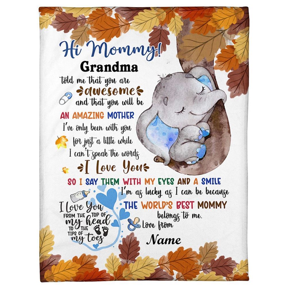 Personalized Blanket For New Mom From Baby Baby Boy Cute Blue Elephant Autumn Leaves Blanket, Mother's Day Blanket, Birthday Gift