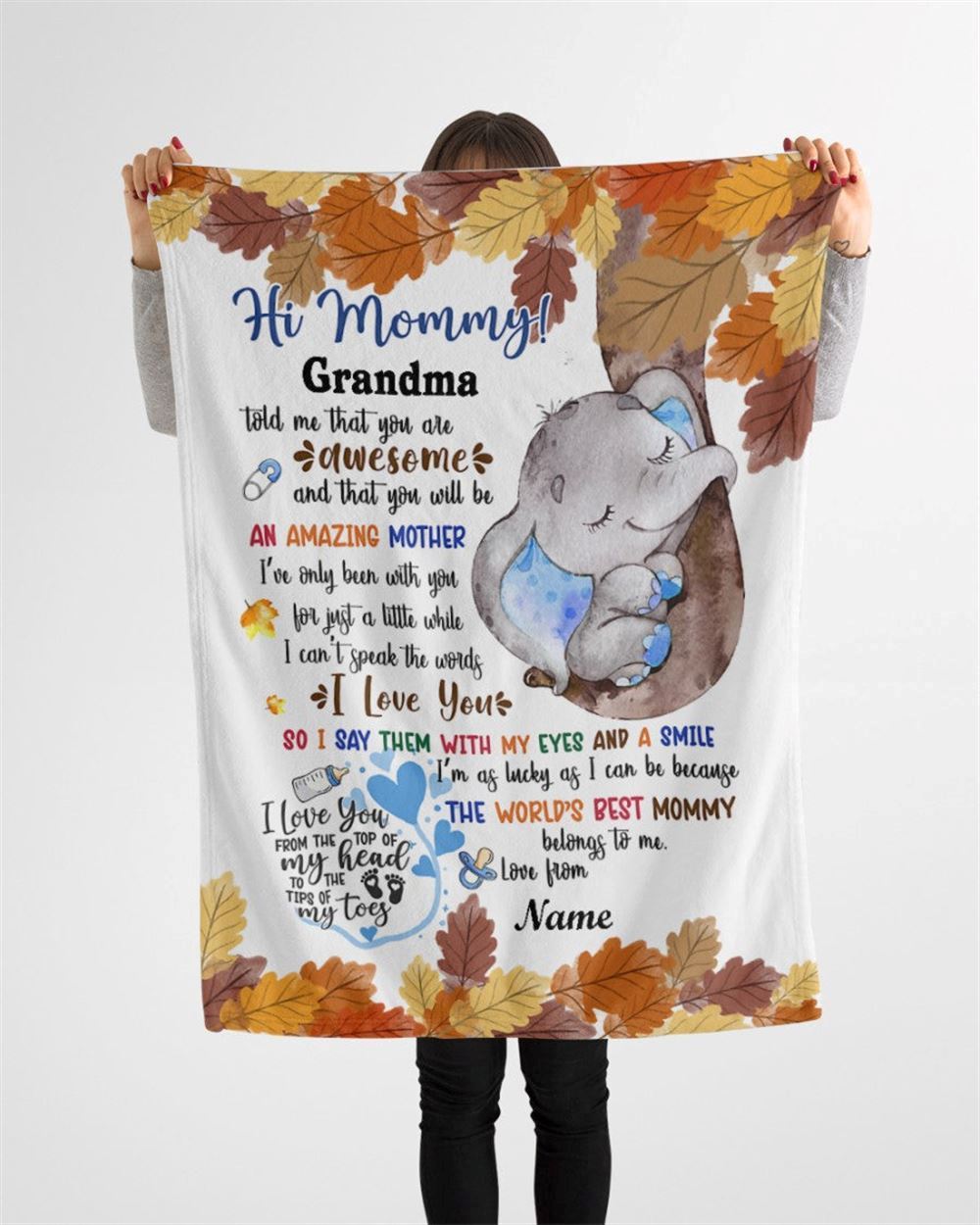Personalized Blanket For New Mom From Baby Baby Boy Cute Blue Elephant Autumn Leaves Blanket, Mother's Day Blanket, Birthday Gift