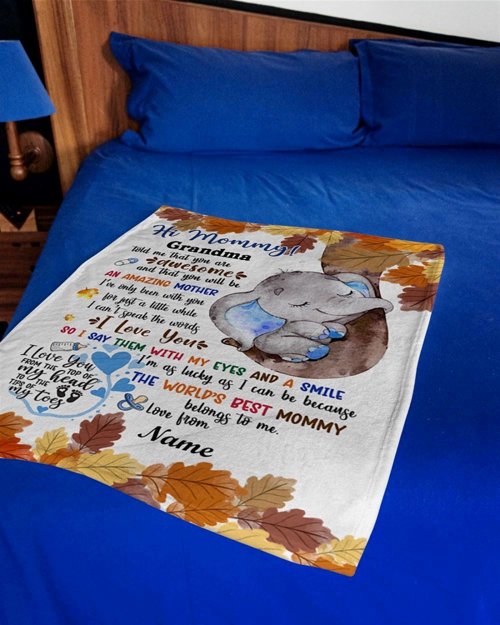 Personalized Blanket For New Mom From Baby Baby Boy Cute Blue Elephant Autumn Leaves Blanket, Mother's Day Blanket, Birthday Gift