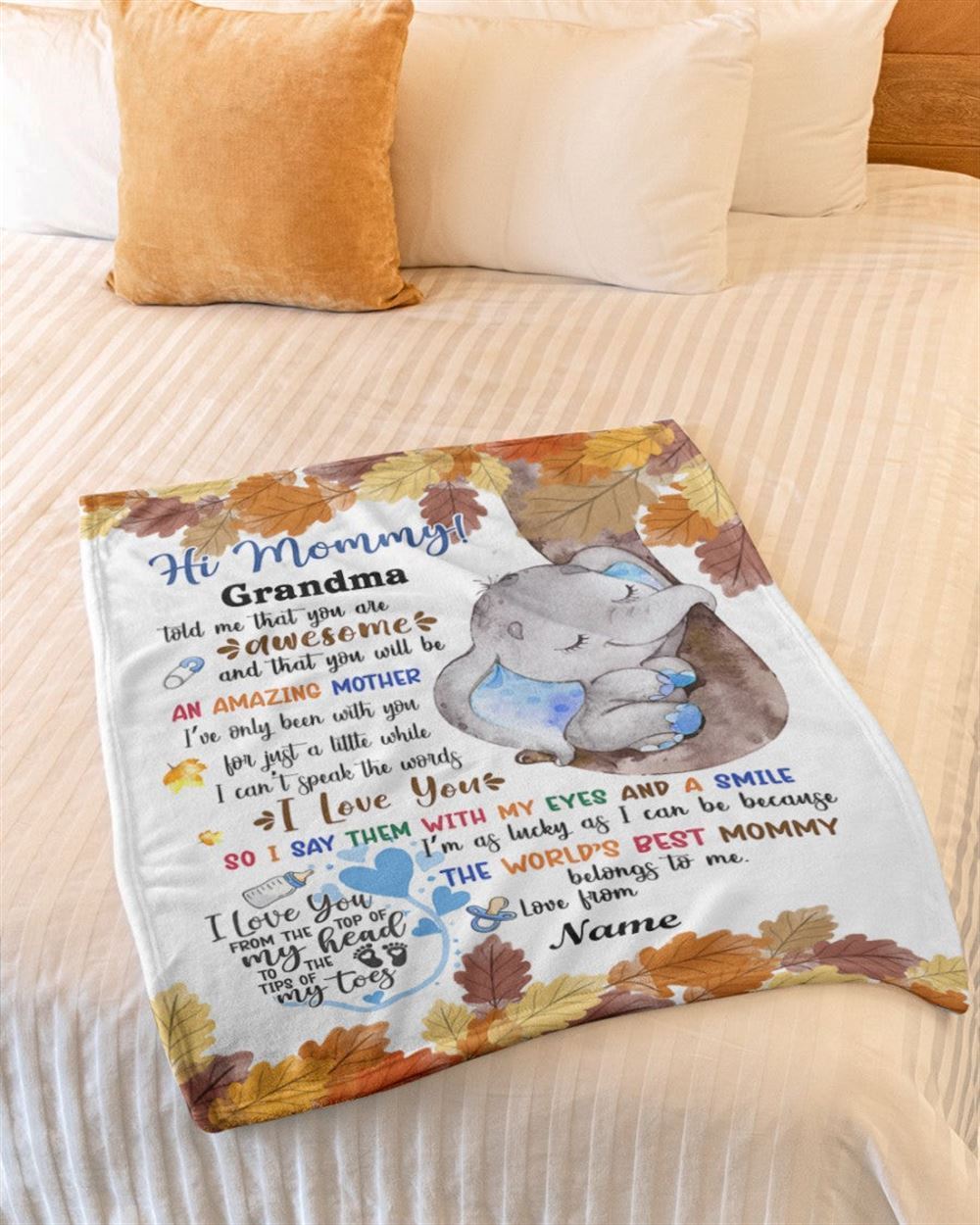 Personalized Blanket For New Mom From Baby Baby Boy Cute Blue Elephant Autumn Leaves Blanket, Mother's Day Blanket, Birthday Gift