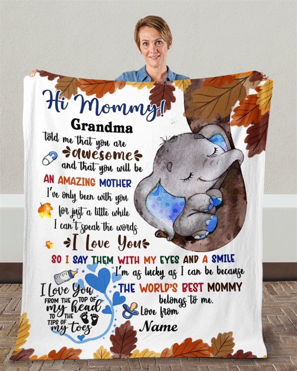 Personalized Blanket For New Mom From Baby Baby Boy Cute Blue Elephant Autumn Leaves Blanket, Mother's Day Blanket, Birthday Gift