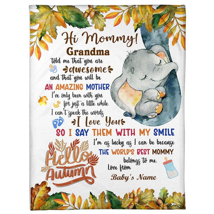 Personalized Blanket For New Mom From Baby Baby Elephant Autumn Season Footprint Blanket, Mother's Day Blanket, Birthday Gift