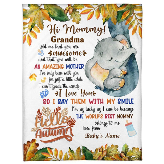 Personalized Blanket For New Mom From Baby Baby Elephant Autumn Season Footprint Blanket, Mother's Day Blanket, Birthday Gift