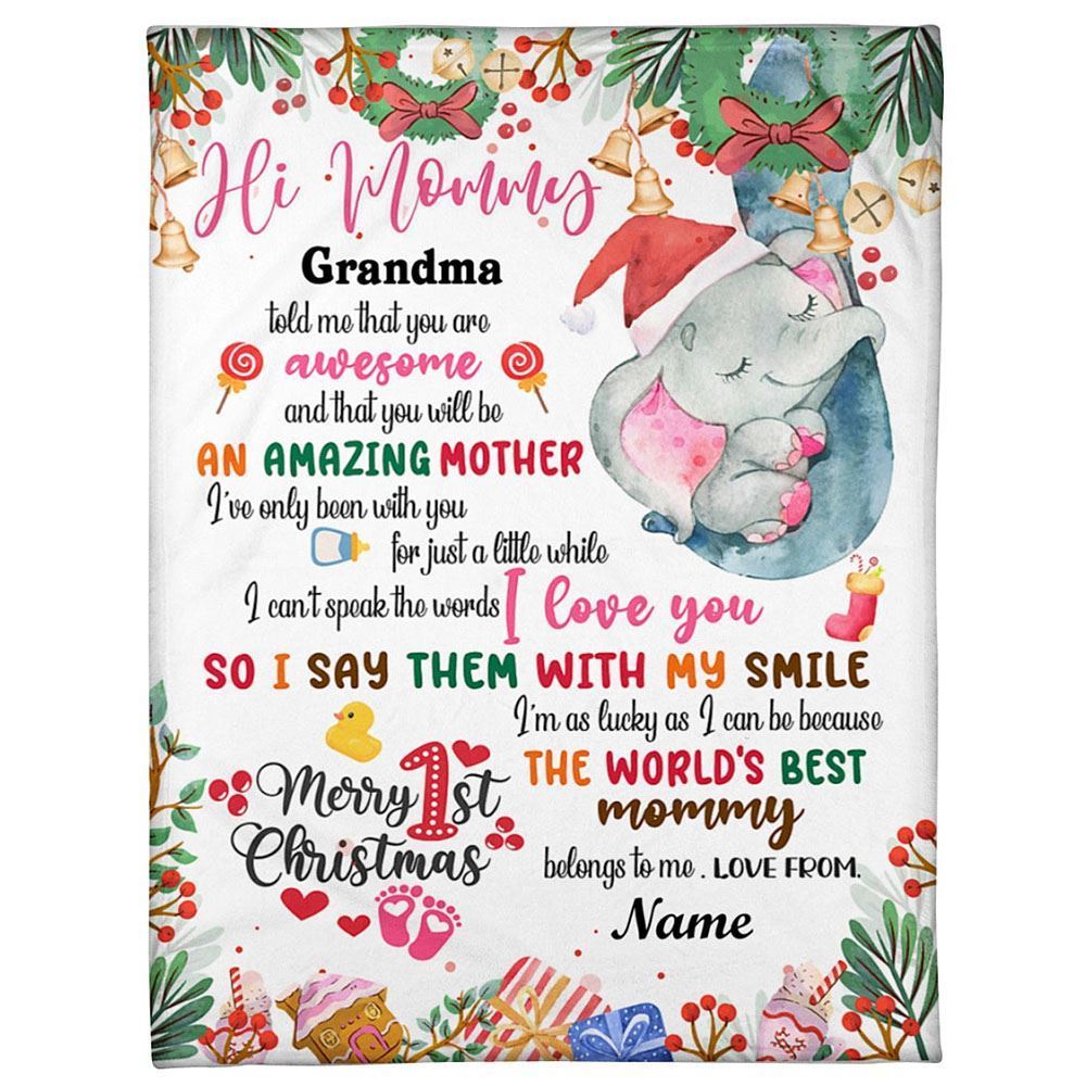 Personalized Blanket For New Mom From Baby Cute Girl Elephant Wreath Ribbon Blanket, Mother's Day Blanket, Birthday Gift