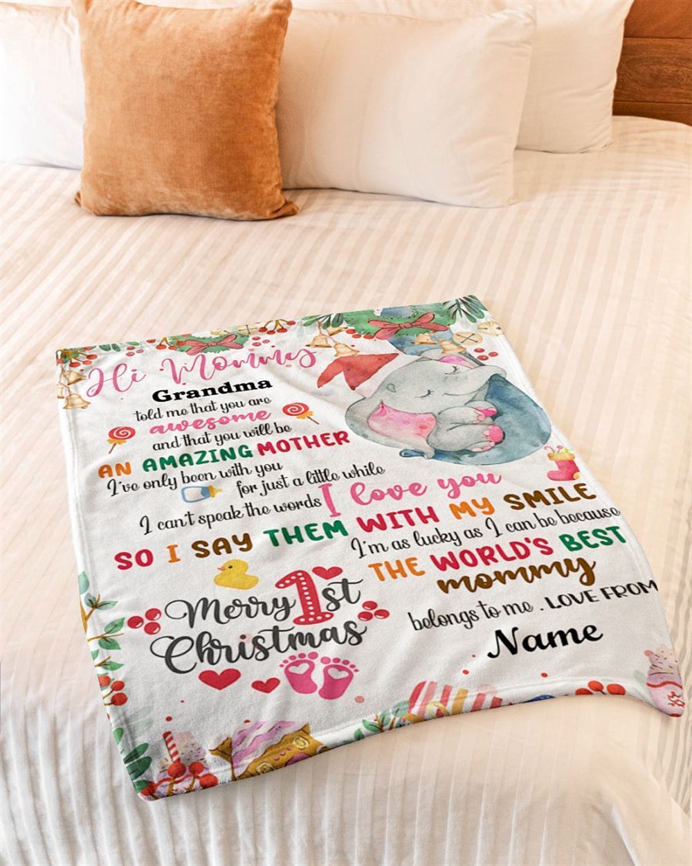 Personalized Blanket For New Mom From Baby Cute Girl Elephant Wreath Ribbon Blanket, Mother's Day Blanket, Birthday Gift