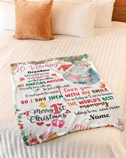 Personalized Blanket For New Mom From Baby Cute Girl Elephant Wreath Ribbon Blanket, Mother's Day Blanket, Birthday Gift
