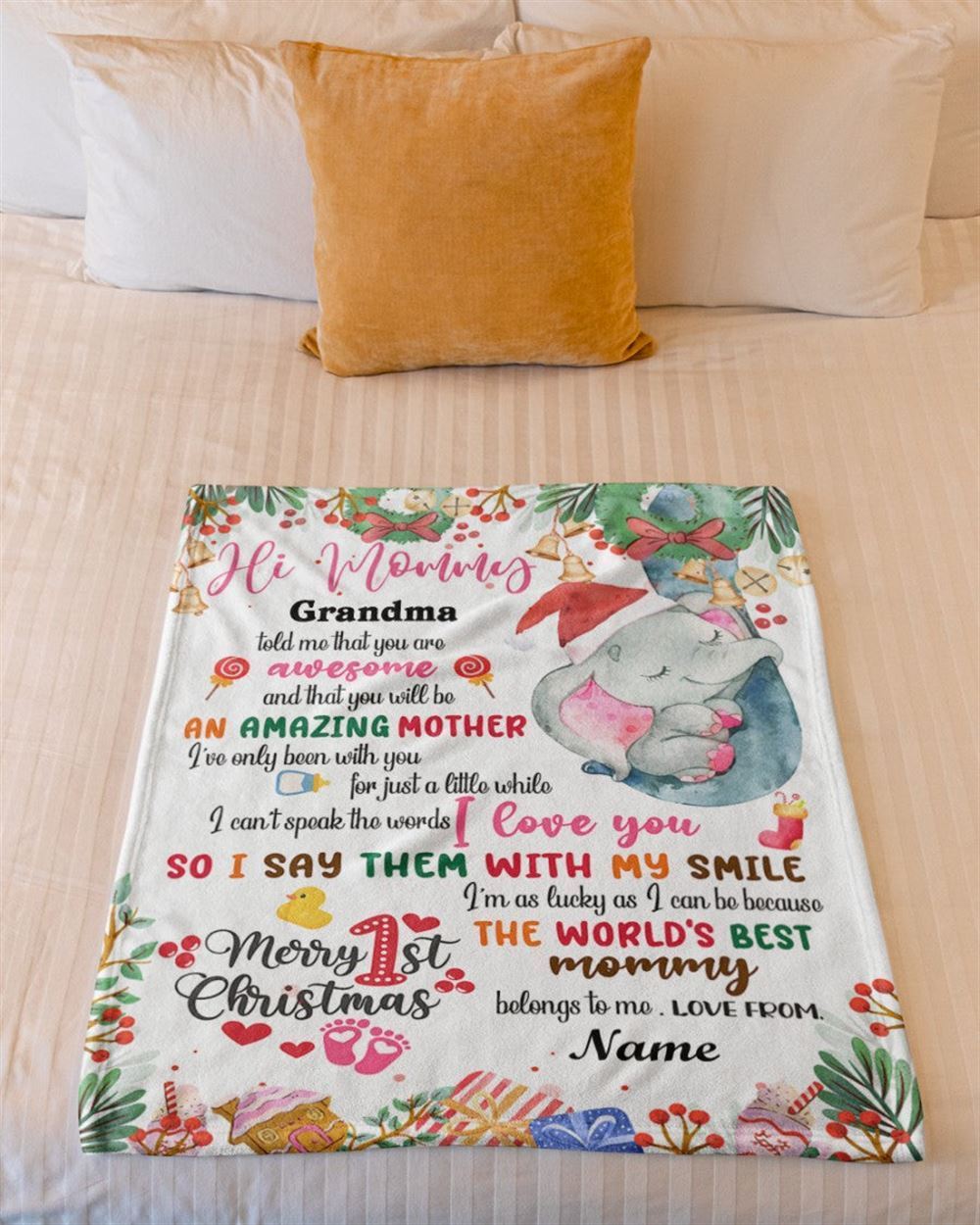 Personalized Blanket For New Mom From Baby Cute Girl Elephant Wreath Ribbon Blanket, Mother's Day Blanket, Birthday Gift