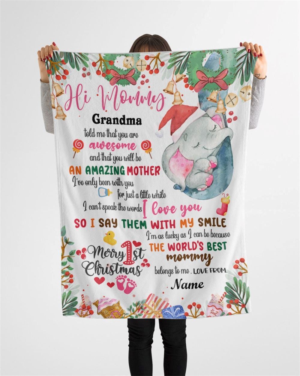 Personalized Blanket For New Mom From Baby Cute Girl Elephant Wreath Ribbon Blanket, Mother's Day Blanket, Birthday Gift