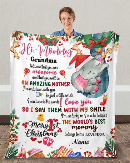Personalized Blanket For New Mom From Baby Cute Girl Elephant Wreath Ribbon Blanket, Mother's Day Blanket, Birthday Gift