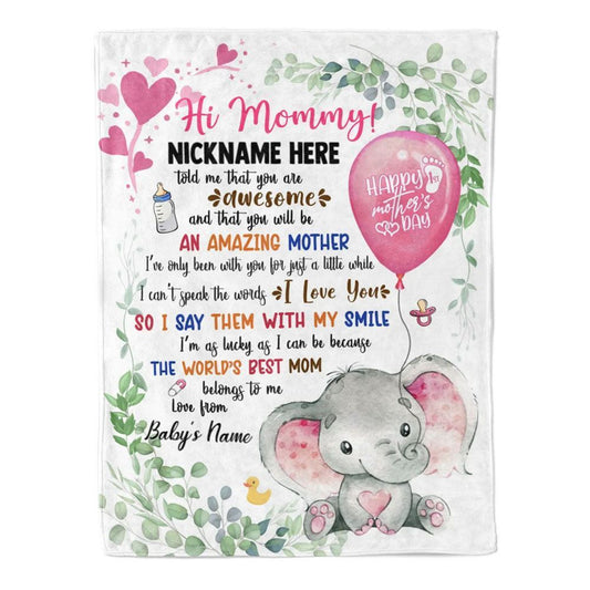 Personalized Blanket For New Mom Pink Newborn Baby Elephants Say With Smile From Baby Blanket, Mother's Day Blanket, Birthday Gift