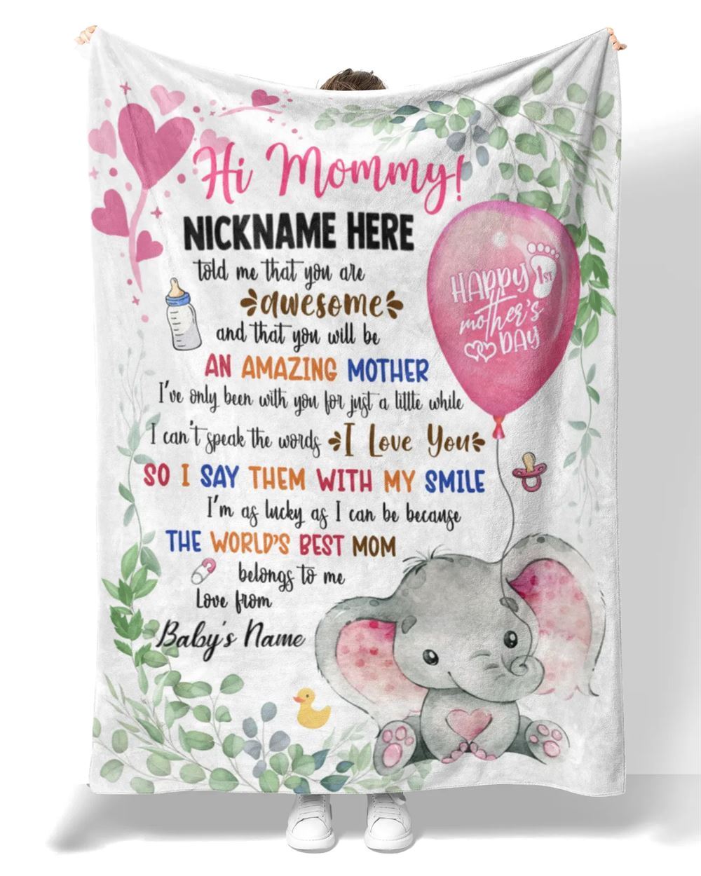 Personalized Blanket For New Mom Pink Newborn Baby Elephants Say With Smile From Baby Blanket, Mother's Day Blanket, Birthday Gift