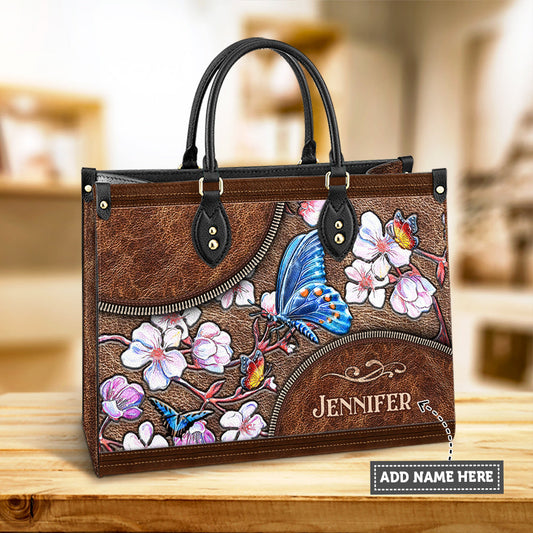 Personalized Butterfly Apricot Leather Bag, Women's Pu Leather Bag, Best Mother's Day Gifts