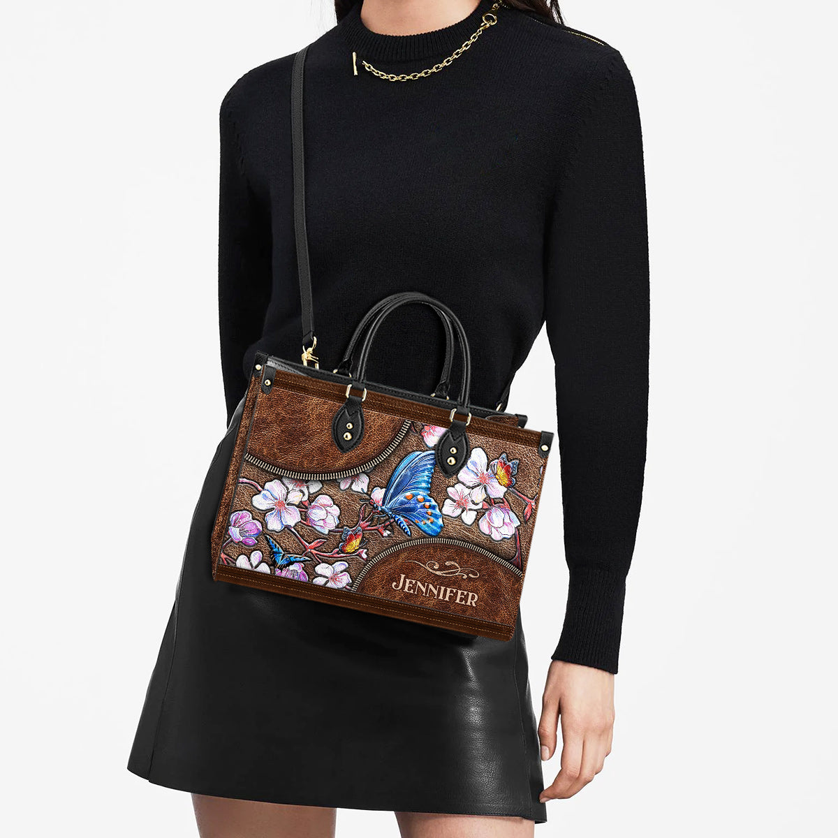 Personalized Butterfly Apricot Leather Bag, Women's Pu Leather Bag, Best Mother's Day Gifts