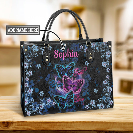 Personalized Butterfly Faith Hope Love Purple Leather Bag, Women's Pu Leather Bag, Best Mother's Day Gifts