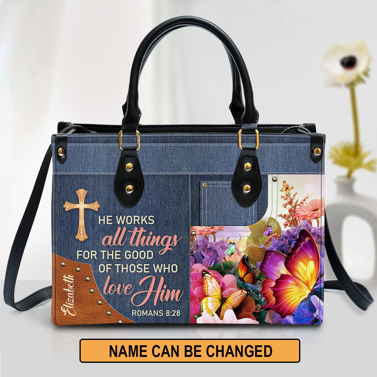 Personalized Butterfly He Works All Things For The Good Of Those Who Love Leather Bag, Christian Pu Leather Bags For Women