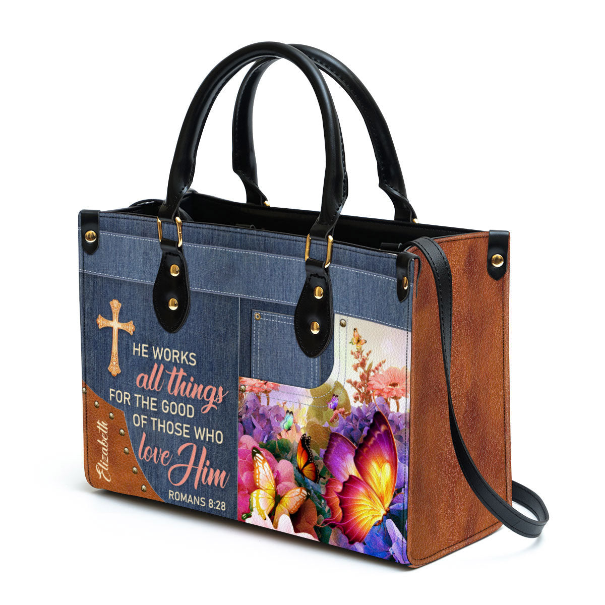 Personalized Butterfly He Works All Things For The Good Of Those Who Love Leather Bag, Christian Pu Leather Bags For Women