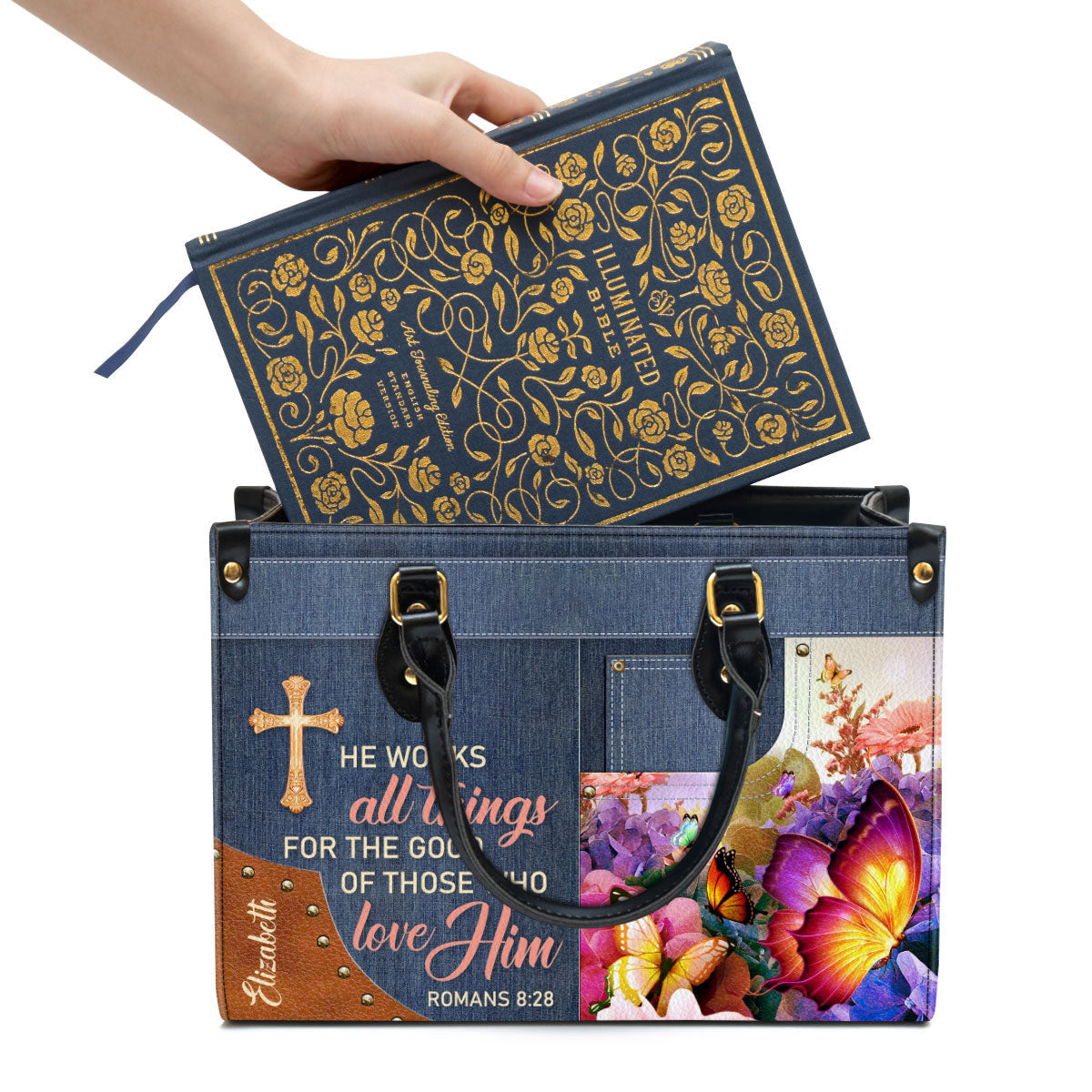 Personalized Butterfly He Works All Things For The Good Of Those Who Love Leather Bag, Christian Pu Leather Bags For Women