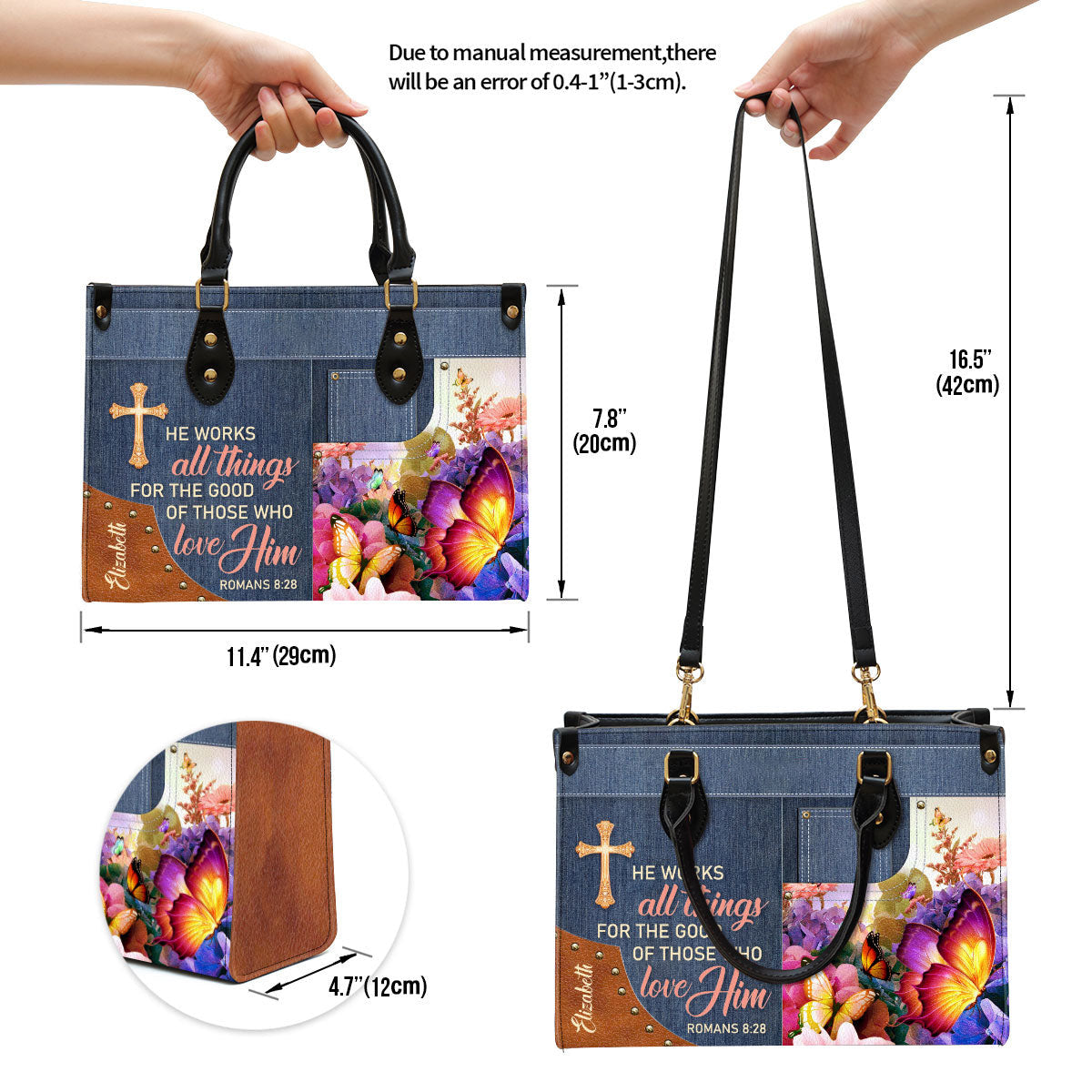 Personalized Butterfly He Works All Things For The Good Of Those Who Love Leather Bag, Christian Pu Leather Bags For Women