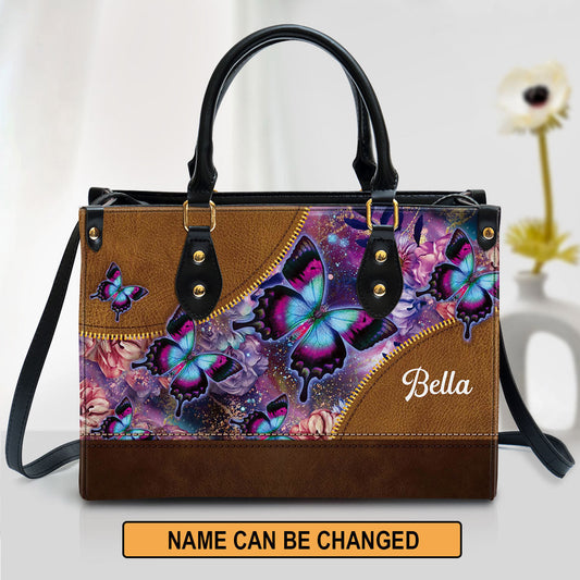 Personalized Butterfly Leather Handbag With Handle, Gifts For Religious Women