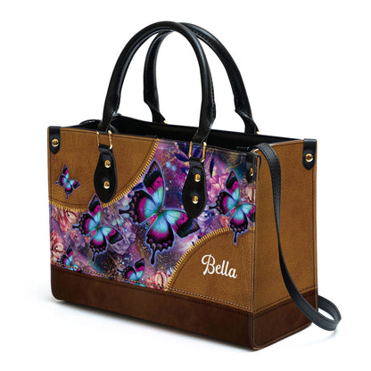 Personalized Butterfly Leather Handbag With Handle, Gifts For Religious Women
