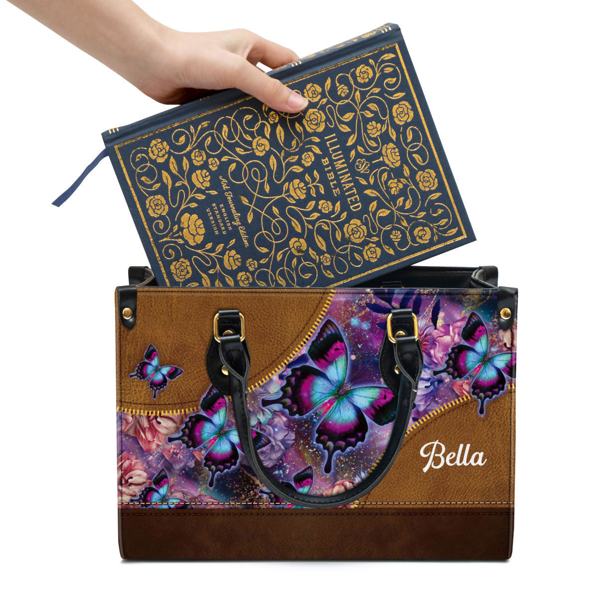Personalized Butterfly Leather Handbag With Handle, Gifts For Religious Women