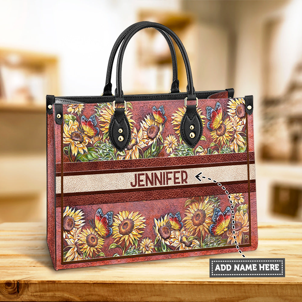Personalized Butterfly Sunflower Leather Bag, Women's Pu Leather Bag, Best Mother's Day Gifts