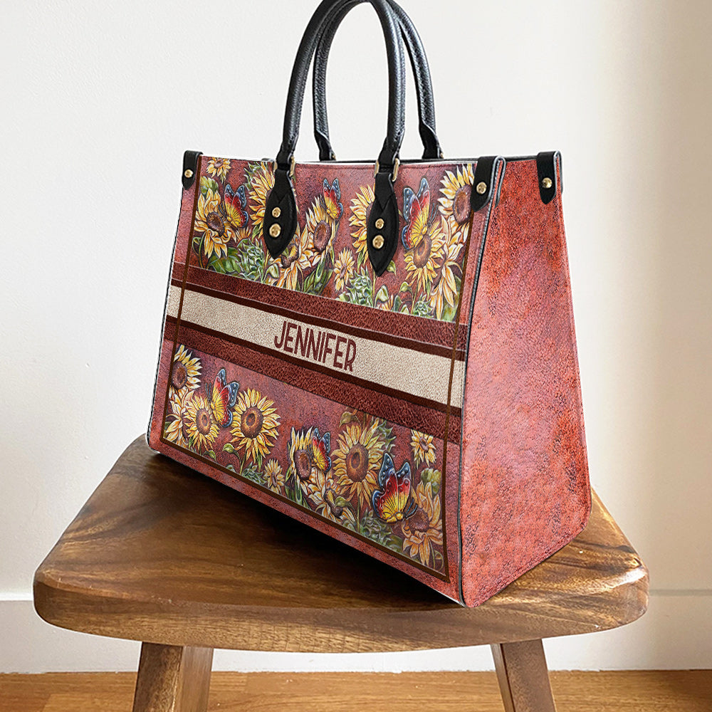 Personalized Butterfly Sunflower Leather Bag, Women's Pu Leather Bag, Best Mother's Day Gifts