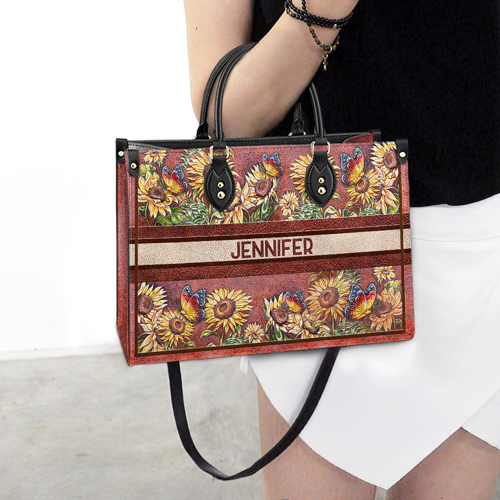 Personalized Butterfly Sunflower Leather Bag, Women's Pu Leather Bag, Best Mother's Day Gifts