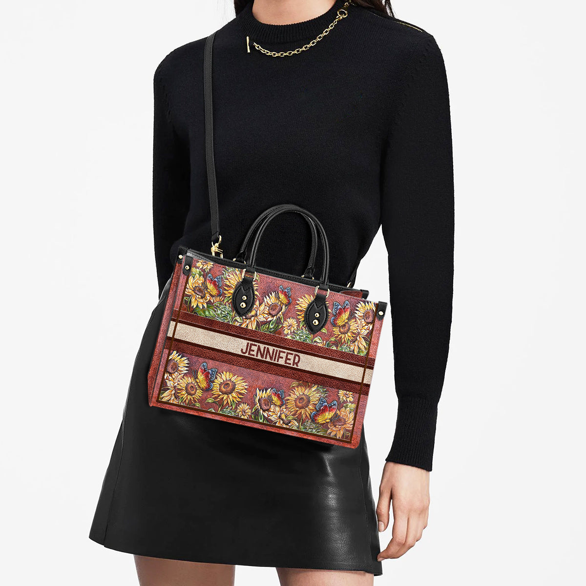 Personalized Butterfly Sunflower Leather Bag, Women's Pu Leather Bag, Best Mother's Day Gifts