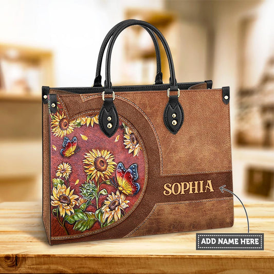 Personalized Butterfly Sunflower Lover Leather Bag, Women's Pu Leather Bag, Best Mother's Day Gifts