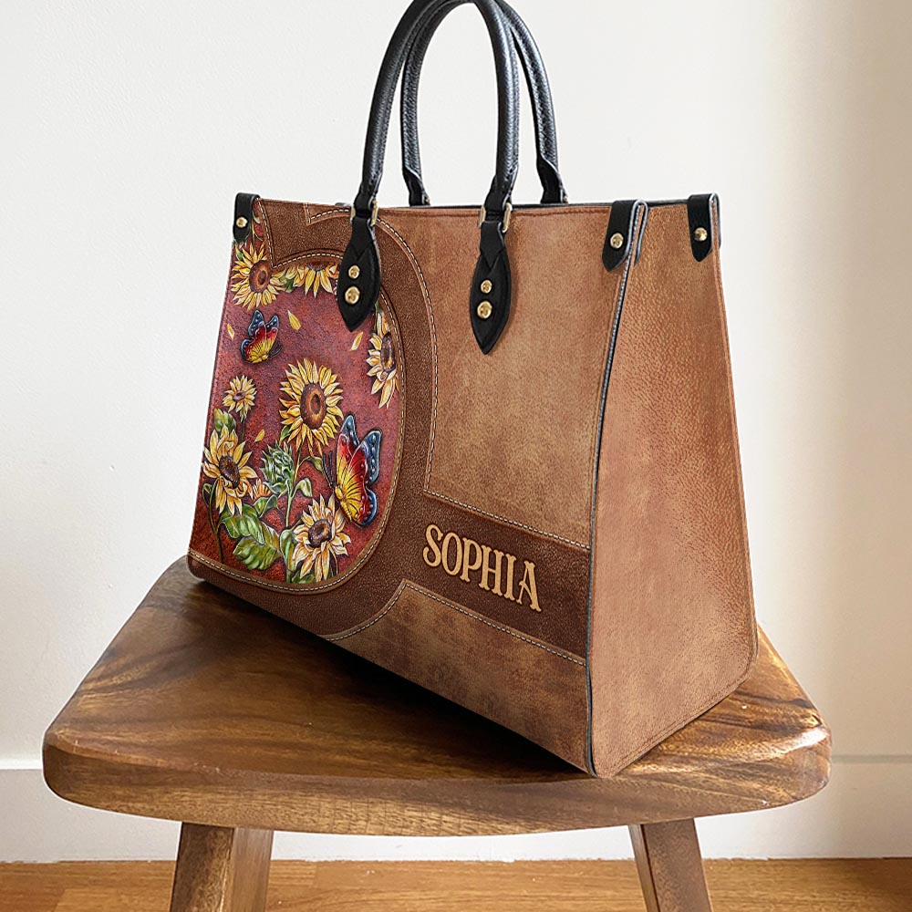 Personalized Butterfly Sunflower Lover Leather Bag, Women's Pu Leather Bag, Best Mother's Day Gifts