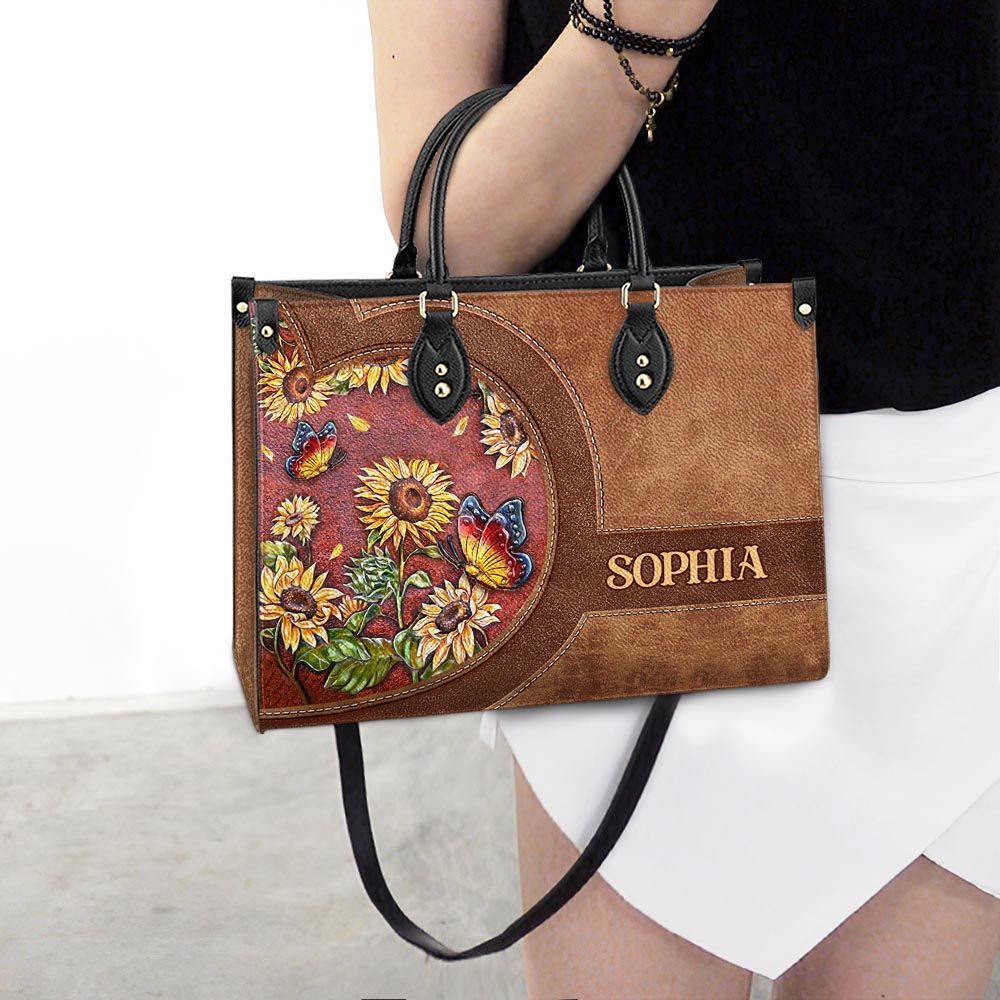 Personalized Butterfly Sunflower Lover Leather Bag, Women's Pu Leather Bag, Best Mother's Day Gifts