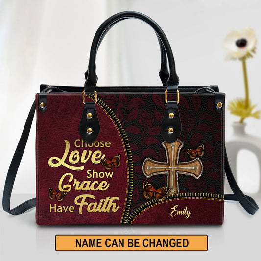 Personalized Choose Love Show Grace Have Faith Must Have Butterfly Leather Bag, Christian Pu Leather Bags For Women