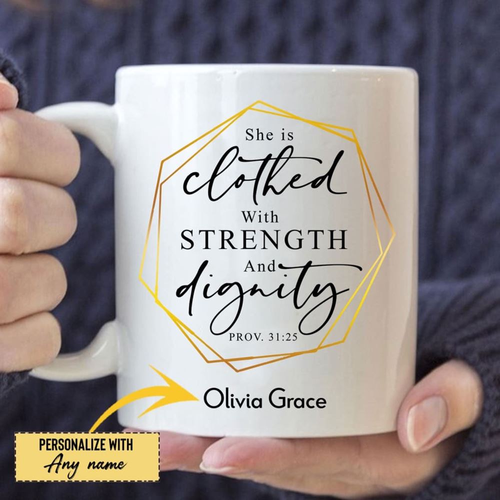 Personalized Christian Coffee Mug She Is Clothed With Strength And Dignity Custom, Christian Mug, Bible Mug, Faith Gift, Encouragement Gift