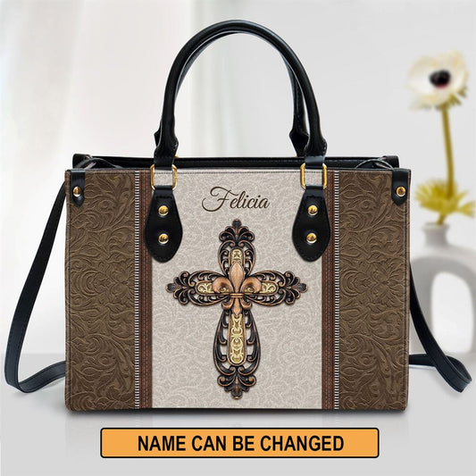Personalized Cross Leather Handbag With Handle, Gifts For Women Of God
