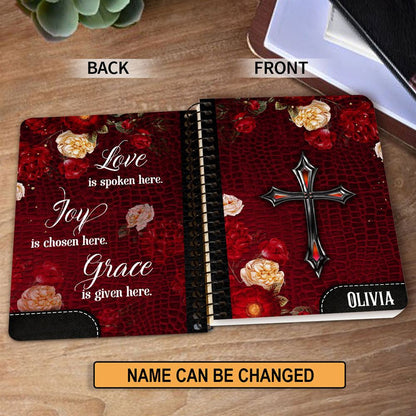 Personalized Cross Spiral Notebook Love Is Spoken Here, Christian Spiral Notebooks