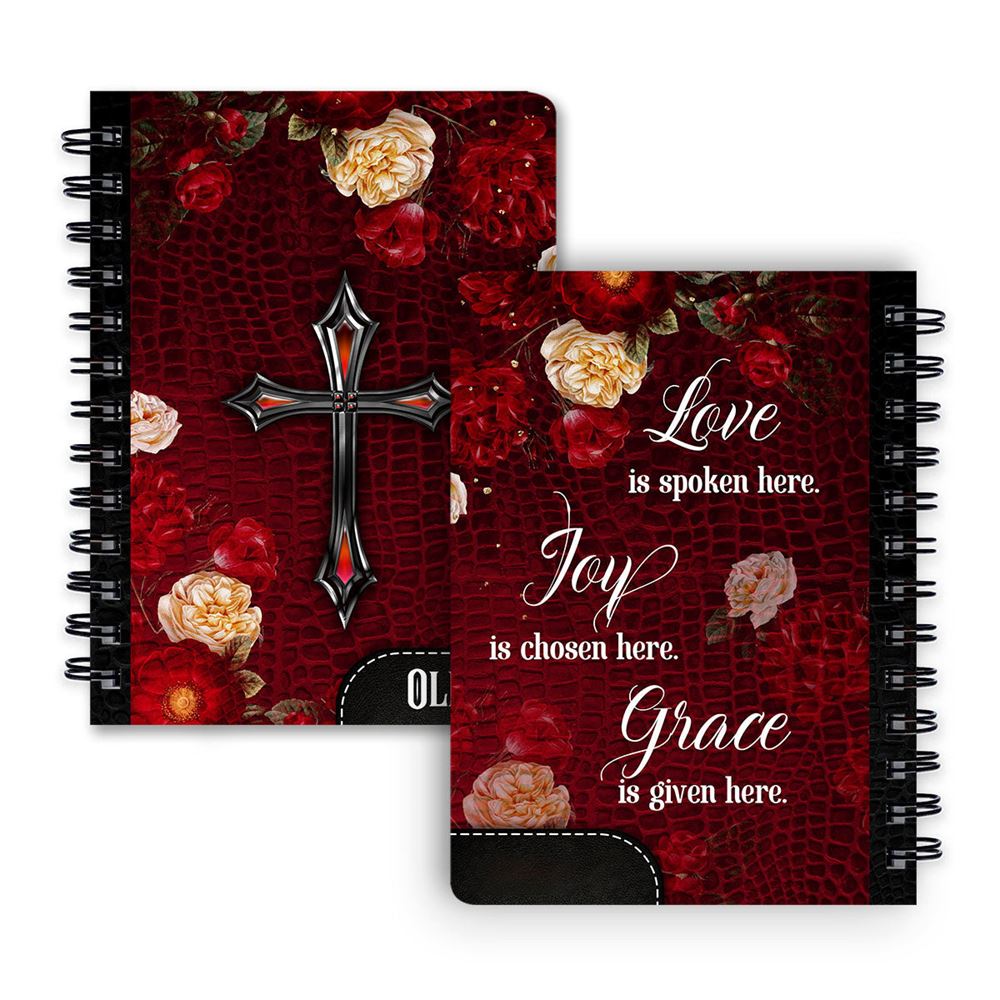 Personalized Cross Spiral Notebook Love Is Spoken Here, Christian Spiral Notebooks