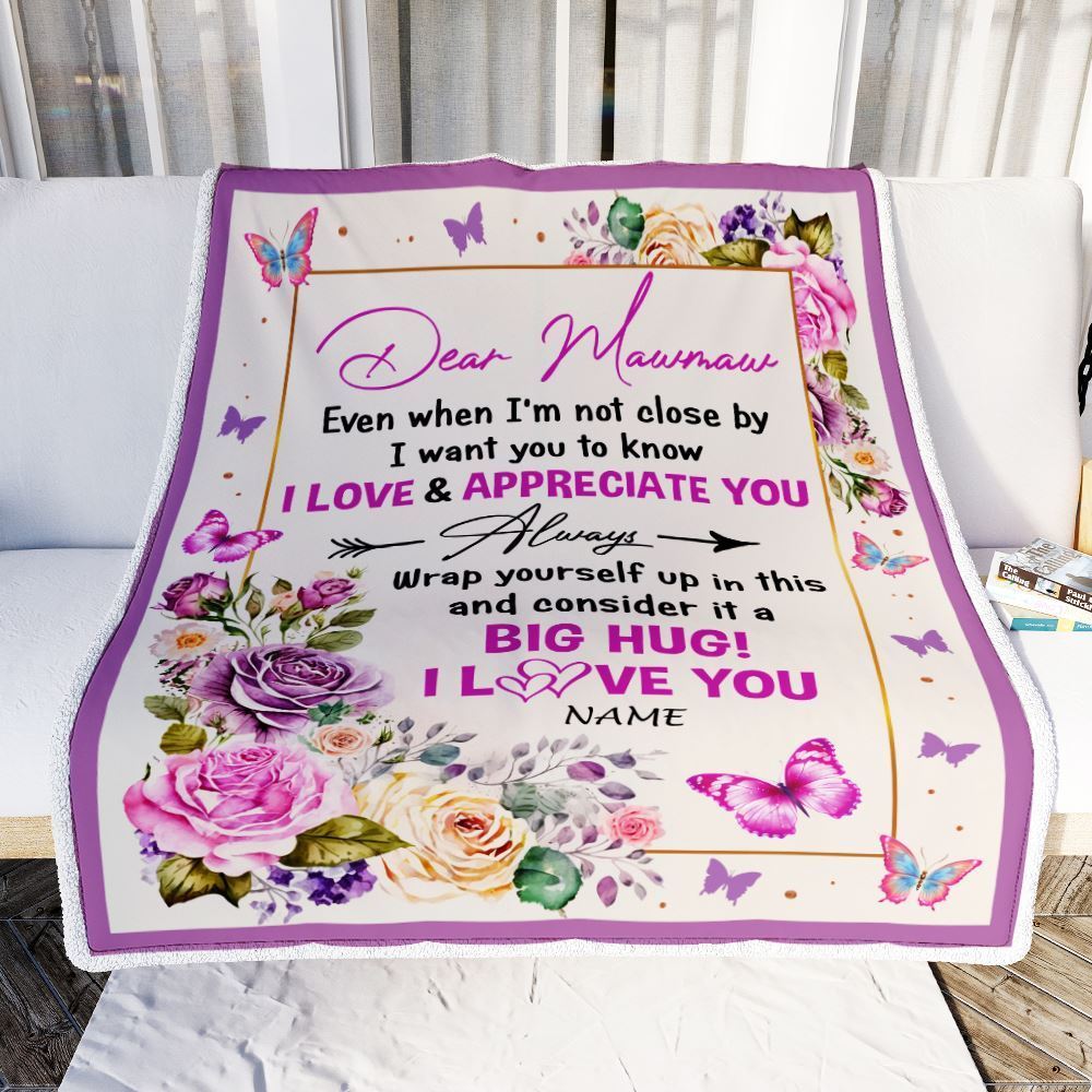 Personalized Dear Mawmaw Blanket From Granddaughter Grandson It A Big Hug Butterfly Rose, Mother's Day Blanket, Mothers Day Birthday Gifts For Mom