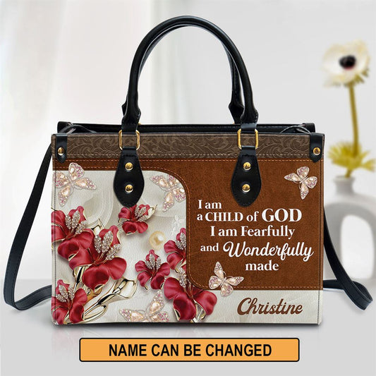 Personalized Flower I Am A Child Of God Leather Bag, Christian Pu Leather Bags For Women