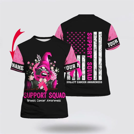 Personalized Gnomes Support Squad Pink Breast Cancer All Over Print 3D T Shirt, Breast Cancer Gift Ideas, Unisex T Shirt