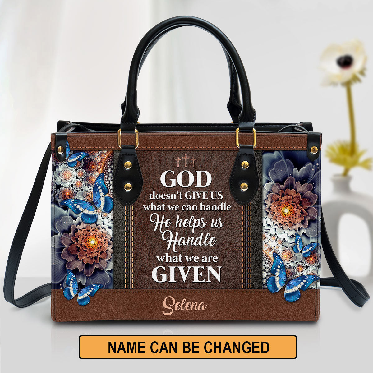 Personalized God Doesn‘T Give Us What We Can Handle Butterfly Leather Bag, Christian Pu Leather Bags For Women