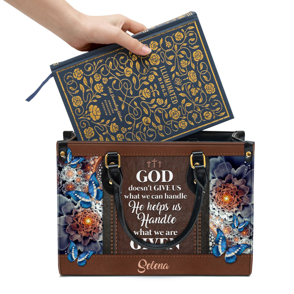 Personalized God Doesn‘T Give Us What We Can Handle Butterfly Leather Bag, Christian Pu Leather Bags For Women