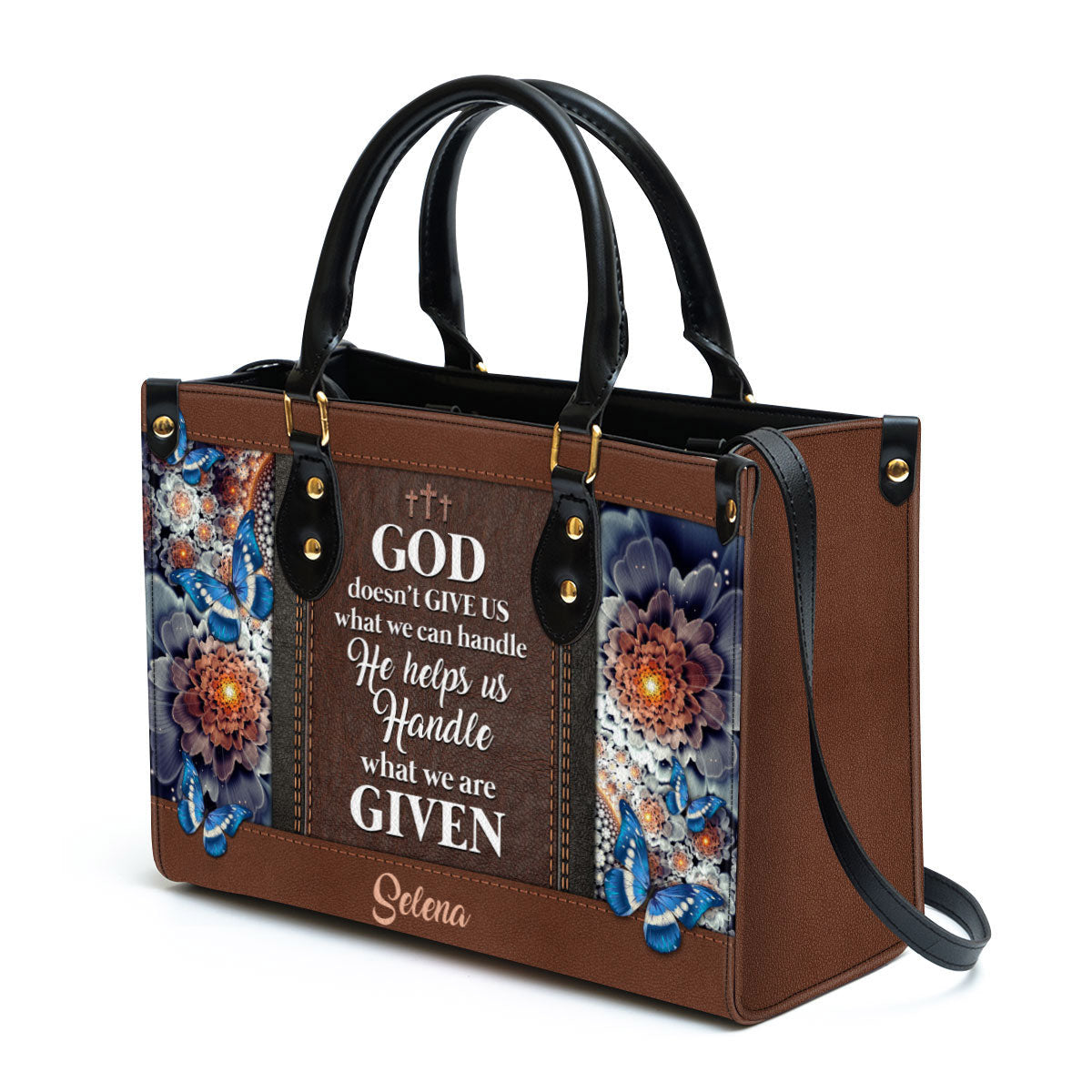 Personalized God Doesn‘T Give Us What We Can Handle Butterfly Leather Bag, Christian Pu Leather Bags For Women