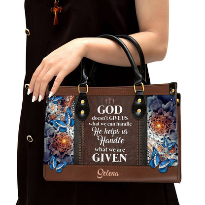 Personalized God Doesn‘T Give Us What We Can Handle Butterfly Leather Bag, Christian Pu Leather Bags For Women