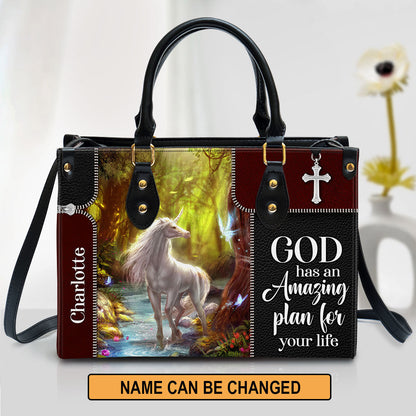 Personalized God Has An Amazing Plan For Your Life Special Unicorn Leather Bag, Christian Pu Leather Bags For Women