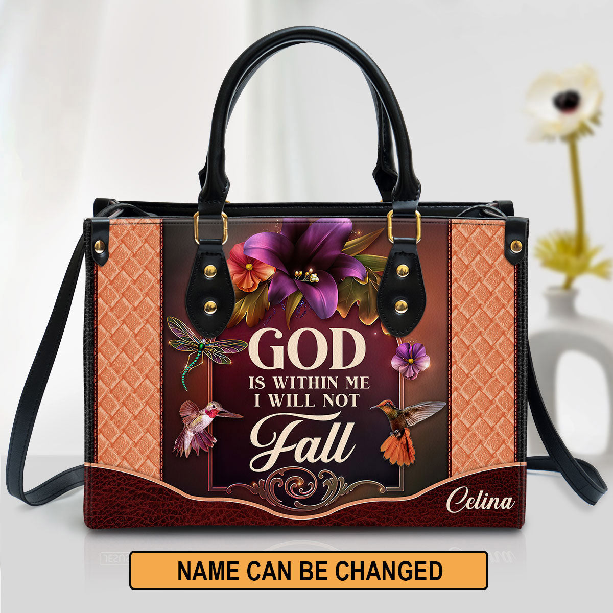 Personalized God Is Within Me I Will Not Fall Special Hummingbird Leather Bag, Christian Pu Leather Bags For Women
