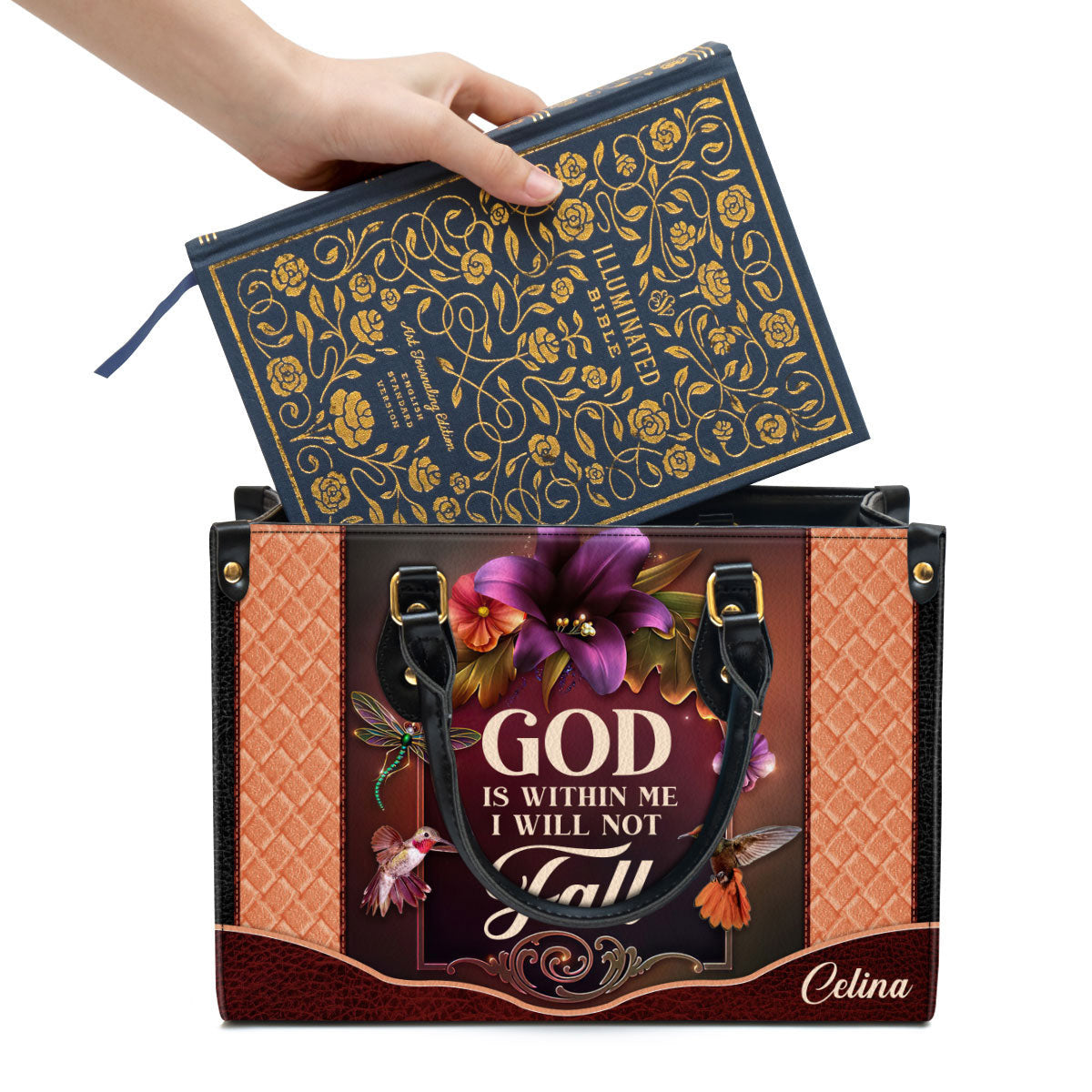 Personalized God Is Within Me I Will Not Fall Special Hummingbird Leather Bag, Christian Pu Leather Bags For Women