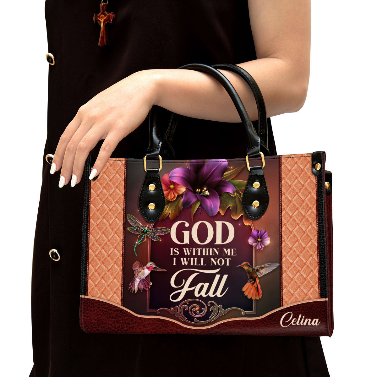 Personalized God Is Within Me I Will Not Fall Special Hummingbird Leather Bag, Christian Pu Leather Bags For Women