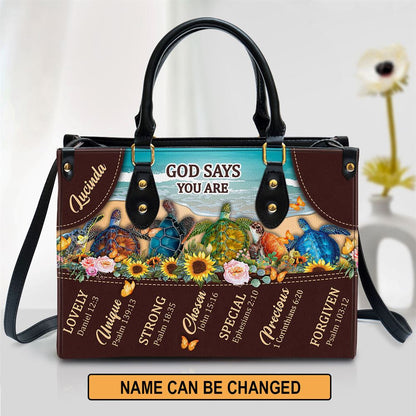 Personalized God Says You Are Lovely Turtle Leather Bag, Christian Pu Leather Bags For Women